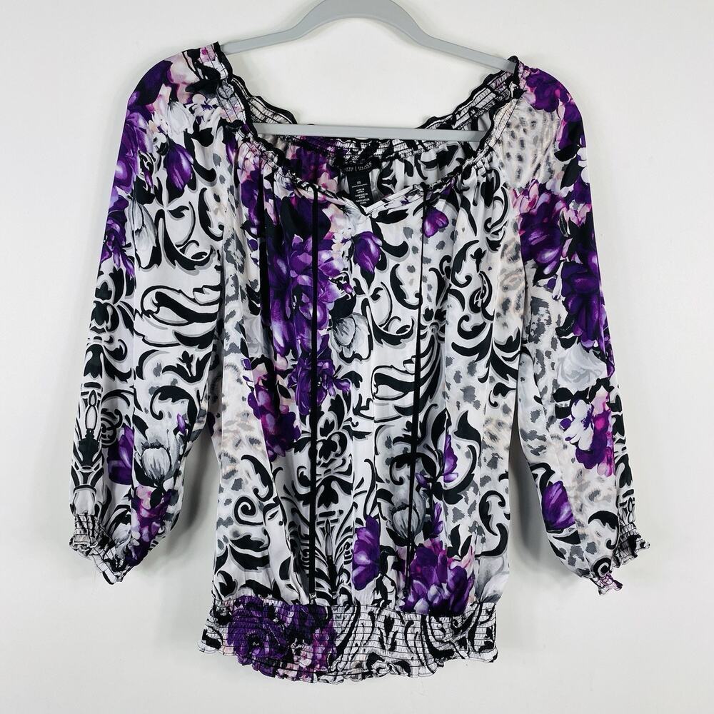 White House Black Market Top XS Floral Smocked Hem 3/4 Sleeve Purple Blouse